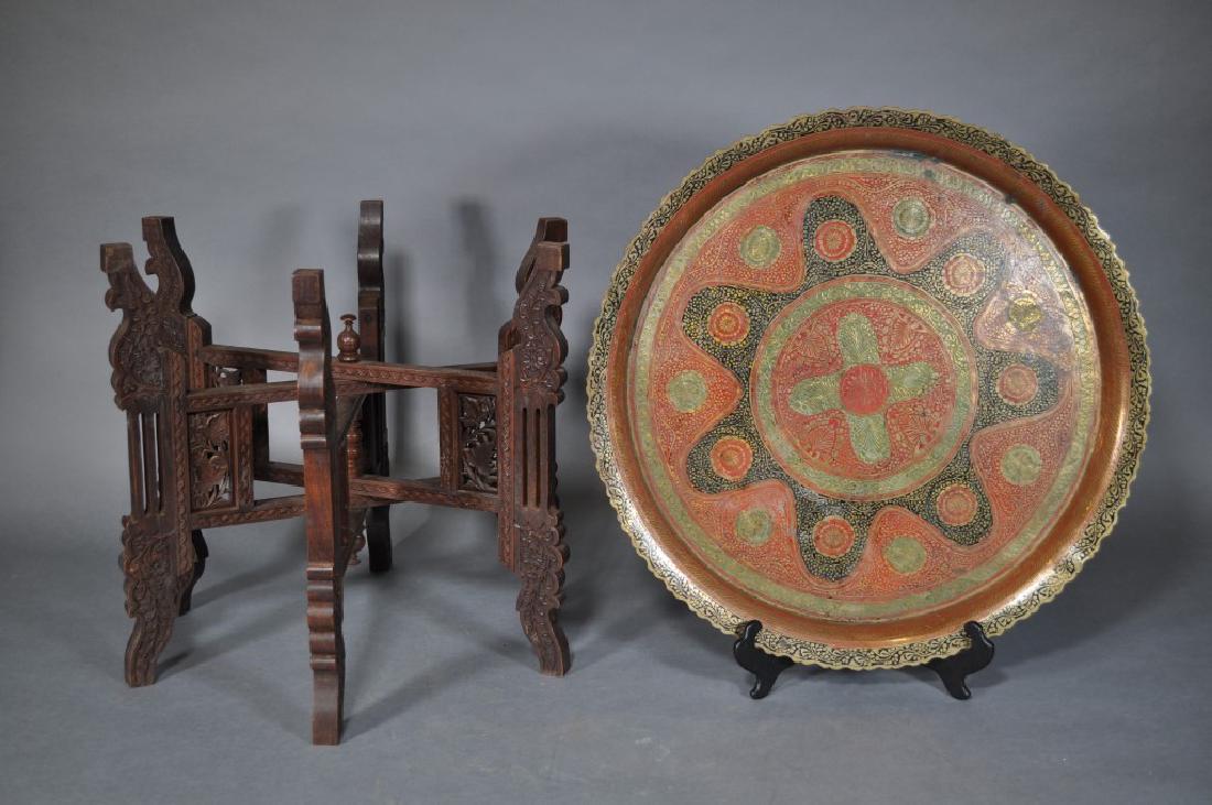 Middle Eastern Antique Tray With Carved Table: Wooden Folding Stand, Tray 23 1/4x1 1/2", Stand 20 1/4x19".