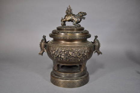 Large Temple Bronze Censer, Foo Dog, Seadragons,: Cranes, Gourds, Key Pattern, Geometric Patterns, 18x22"t,