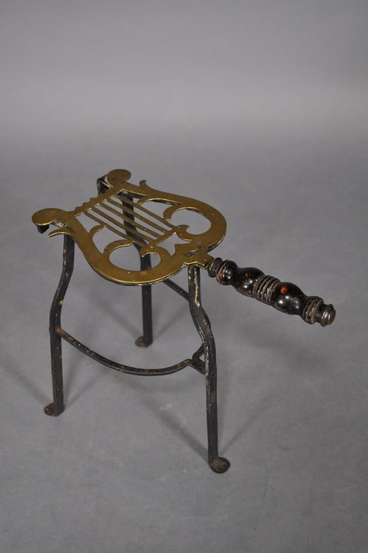 Antique Iron & Brass Fireplace Trivet, 12 1/2"t: Wood Handle, Harpsichord Design.
