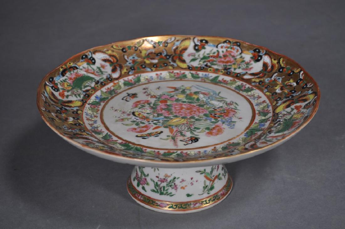 Chinese Export 1000 Butterflies Cake Stand: Chinese Export, Polychrome, Hand Painted On Top With Tree Peony And Butterflies In Center With A Border Of Butterflies And Flowers In Cartouches, And Decorated With Crab Apple Blossoms On Bottom, Unma