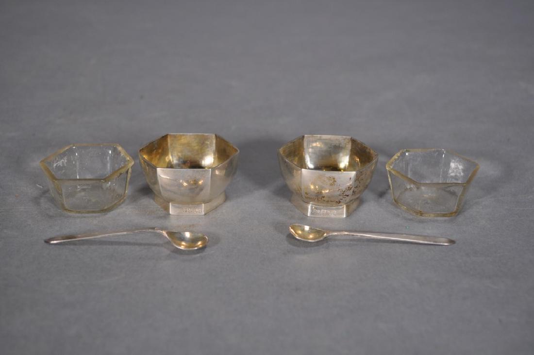 Antique Sterling Silver Salt Cellars W/glass Inserts,: And Spoons, Marked With Wang Hing & Co., 1854-1930. "wh90"