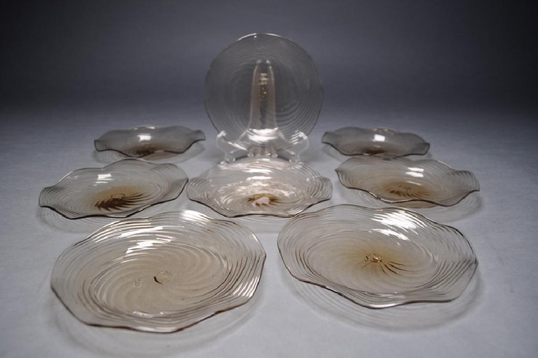 Hand Blown Glass Plates, Pale Yellow, Wavy Rim,: Ribbed Swirl, 5 3/4"w, Pontil On Bottom,