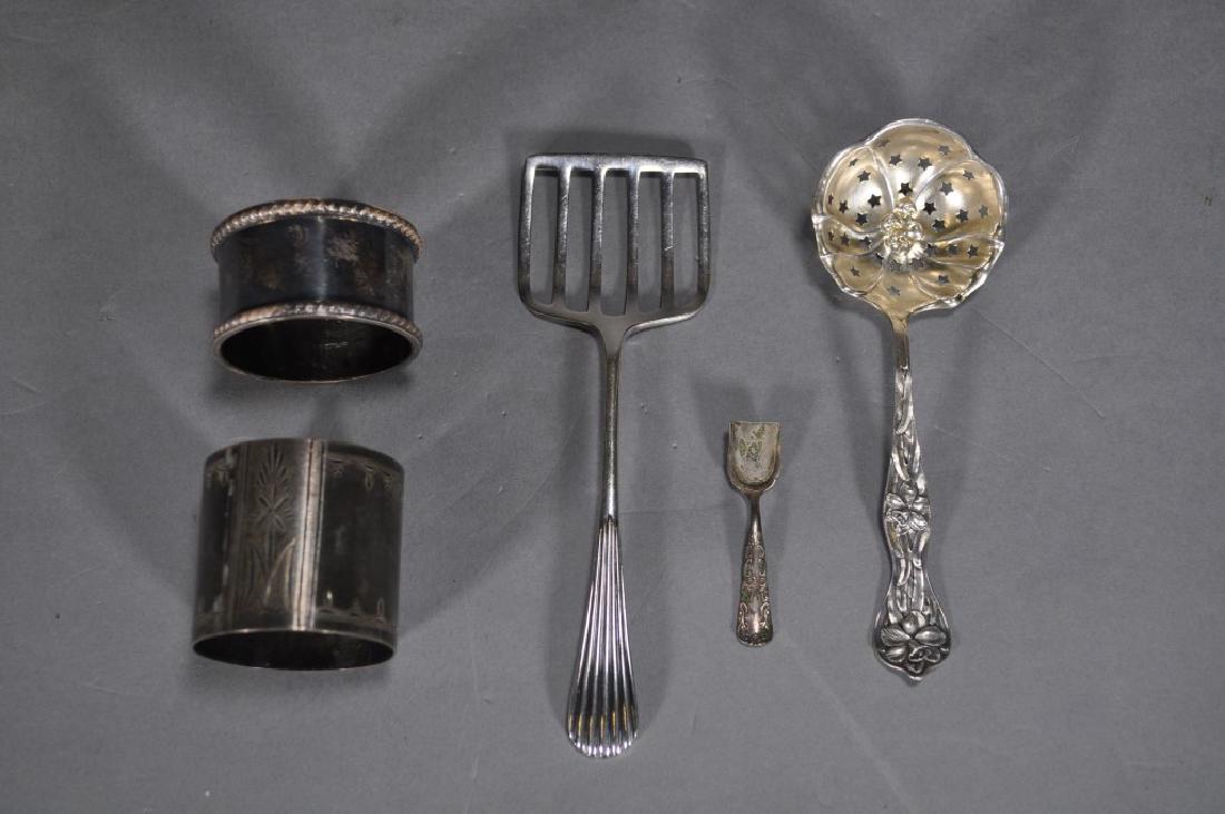 Sterling Silver Group, Utensils, Napkin Rings,: Including Manchester Sterling Silver Spoon W/ 29 Stars 5 1/8" C.1904-1914, Total 122.3 Grams/3.93 Troy Oz.