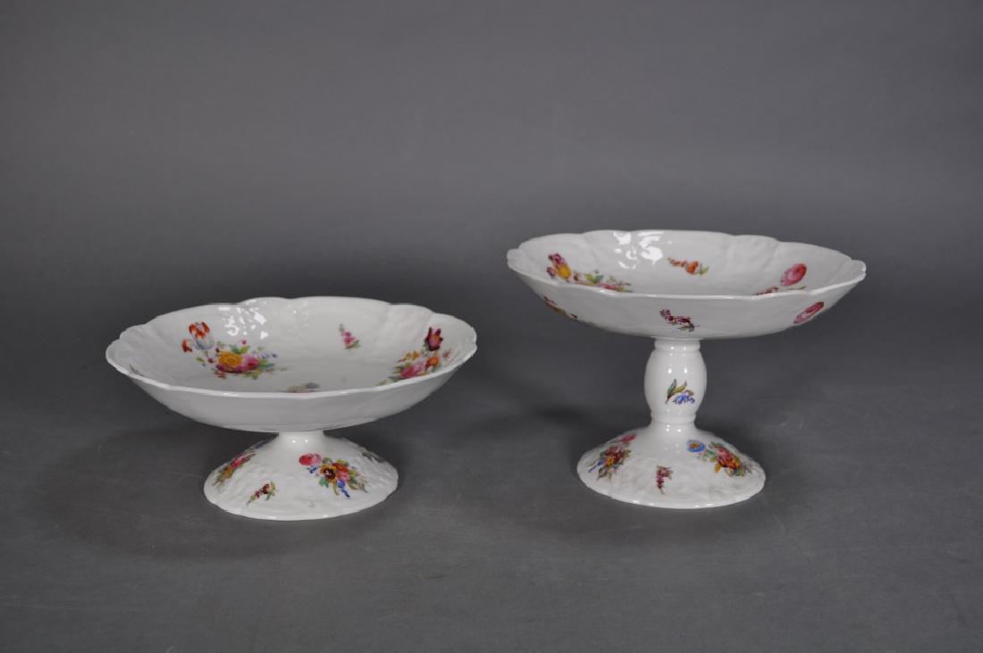 Pair Coalport Porcelain China Pedestal Cake Plates: Floral Pattern, Molded Edge, Scalloped Rim, 9 1/8"w 3 3/4"h And 9 1/8"w 5 7/8"h, Marked. Some Crazing And Wear, No Major Chips Or Cracks.