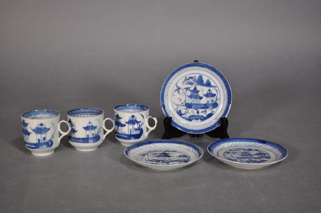 Blue & White Canton Tea Cups And Saucers, Set Of 3: Landscape With Straight-line Border, Thin Porcelain, Unmarked 2 1/2"h, 6 Pcs. Two Saucers Chipped.