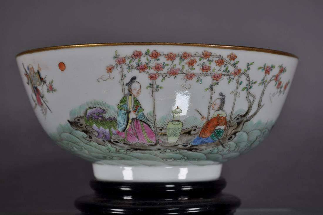 Antique Chinese Porcelain Famille Rose Bowl,: Daoguang Dynasty Iron Red 6-character Seal Mark And Of The Period C.1821-1850. Hand Painted Seascape With People And Foo Dogs On Boats, With A Pagoda And Man On A Crane In The Sky. Marked, 6 1/2"w 2 3