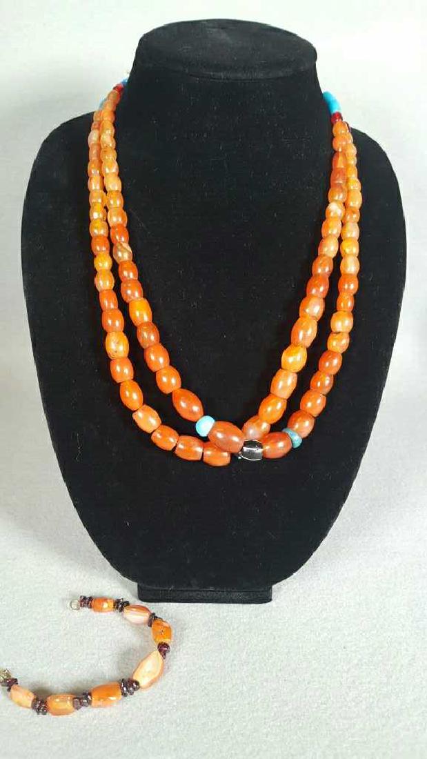 Carnelian Bead Jewelry, Graduated Barrel Beaded: Necklace With Blue And Black Accent Beads 24", And Carnelian Bracelet With Amethyst Chips 7"
