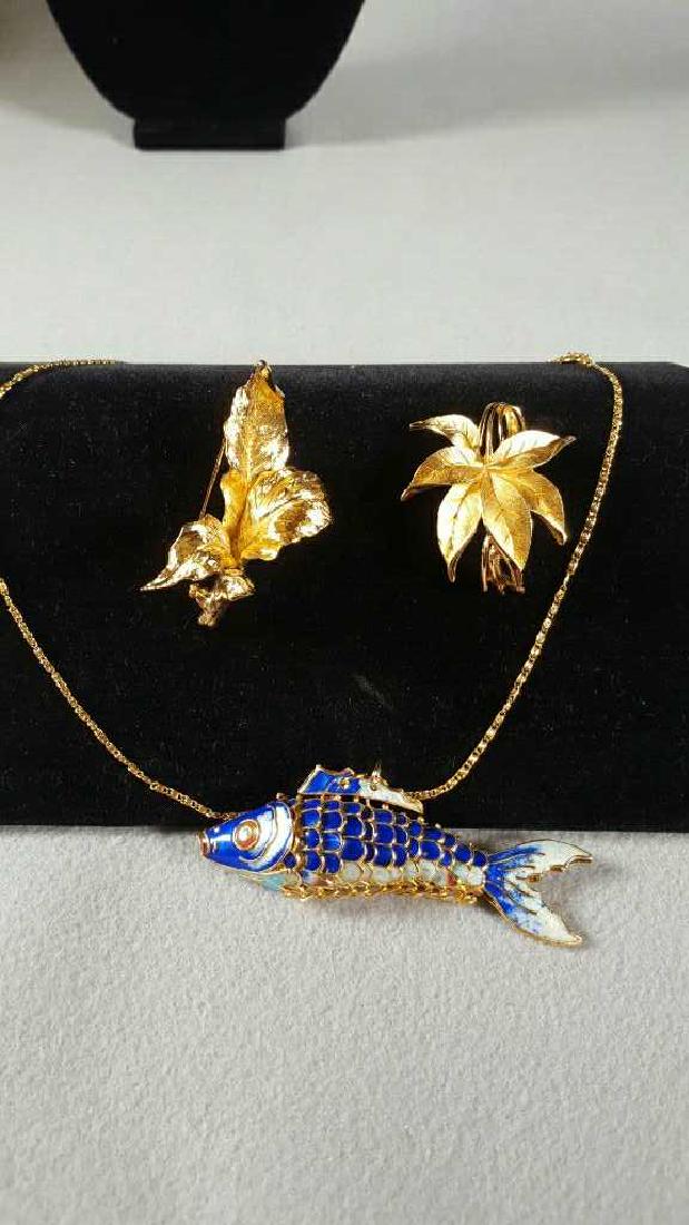 Fashion Jewelry, D'orlan Fresh Flower Pin 2.75",: Trifari Leaf Brooch 2", And Articulated Fish 3.75", Gold-tone.