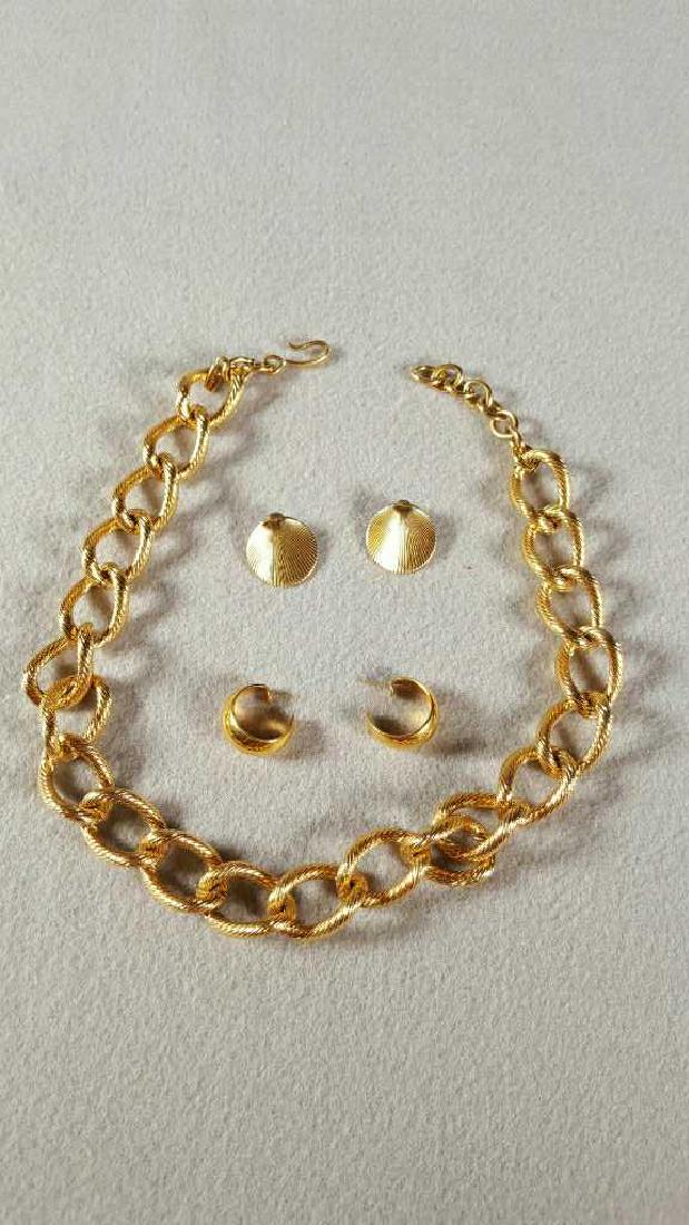 Monet Fashion Jewelry, Necklace 17 1/2", Two Pair: .earrings, Gold-tone, Marked.