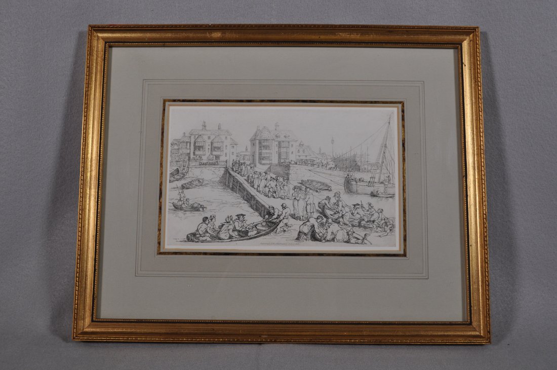 Thomas Rowlandson Print, 16x13" Inscription On Front: Published By R. Ackermann's, July 1 1816, Verso "an Early Rowlanson Print Of Lymington Quay At The Foot Of Quay Hill C.1805. In The Possession Of Anne & Mike Corfiel For 15 Years Or So Before Being Gi