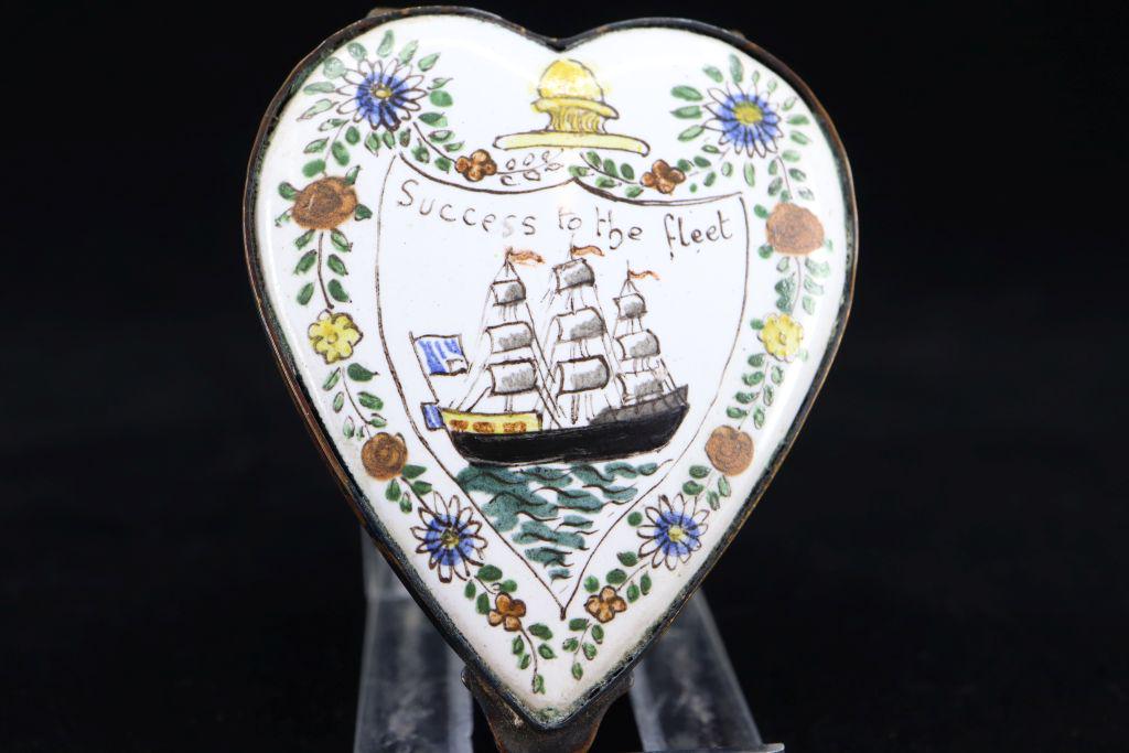 Enamel Painted Porcelain Heart Shaped Snuff Box, Sailing Ship "Success To The Fleet", 2.25"W (1 of 5)