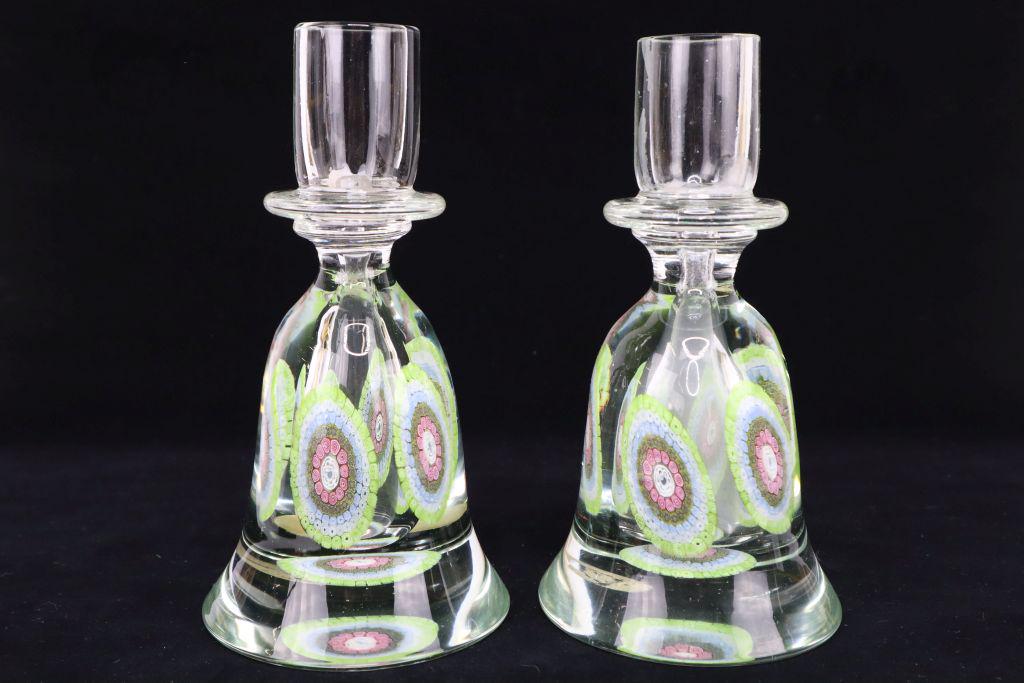Murano Mandala Millefiori Flower Mosaic Italian Art Glass Candlesticks, 7-3/8"H (1 of 9)