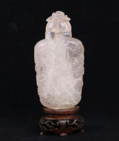 Carved Rose Quartz Chinese Snuff Bottle, 4.25"H, Tested As Stone, Glued To Base (1 of 4)