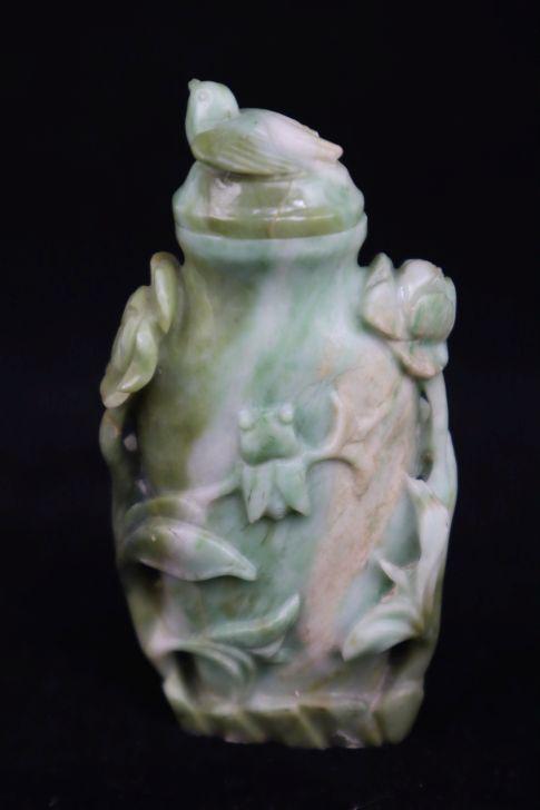 Carved Natural Stone Chinese Snuff Bottle, Green And White Cylindrical Bottle, 3-7/8"H, Birds And (1 of 14)