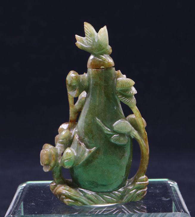 Carved Jadeite Natural Stone Chinese Snuff Bottle, 3", Flowers, Vines And Bird Stopper. Tested As (1 of 10)