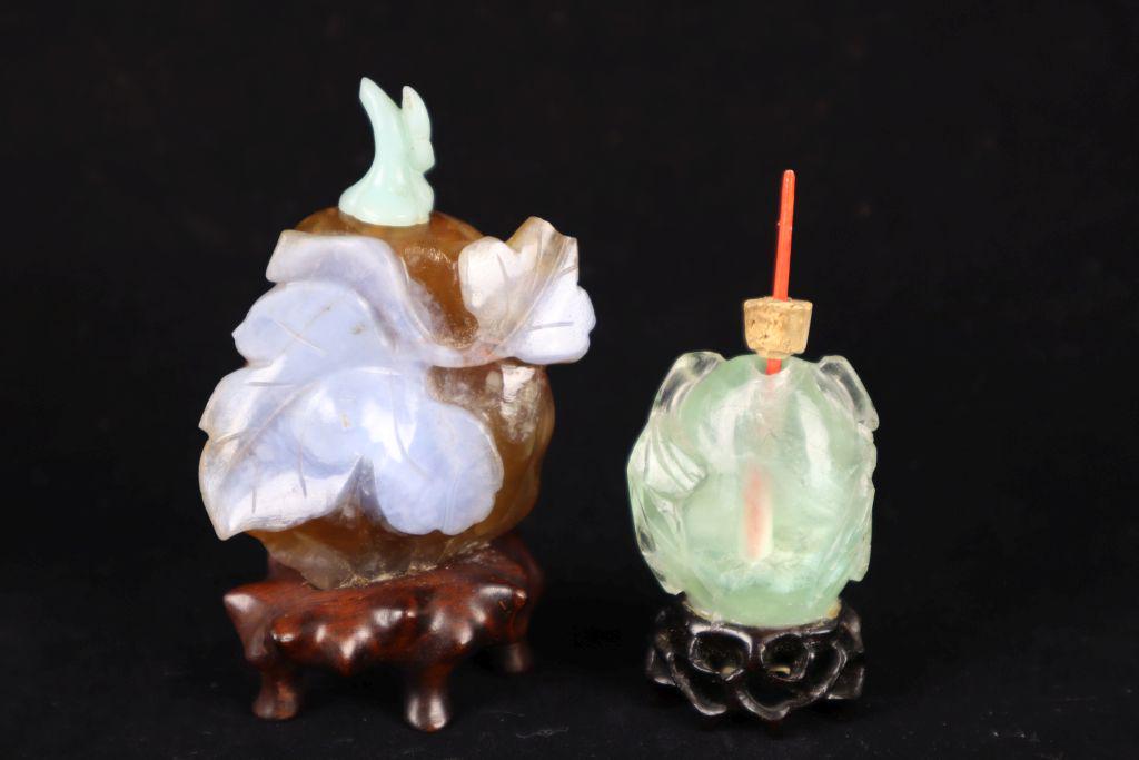 2 Carved Natural Stone Chinese Snuff Bottles, 3.25"H And 2"H, Both Have Loss, Both Tested As Stone, (1 of 6)