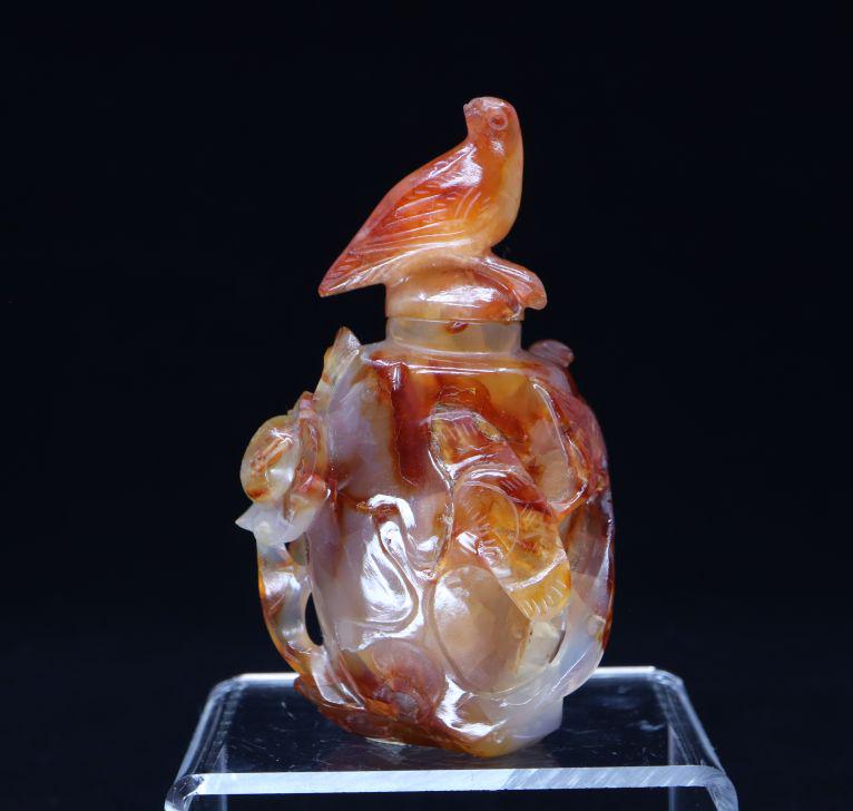 Carved Carnelian Agate Natural Stone Chinese Snuff Bottle, 3-5/8"H, Loss To Bird Beak On Top, (1 of 10)