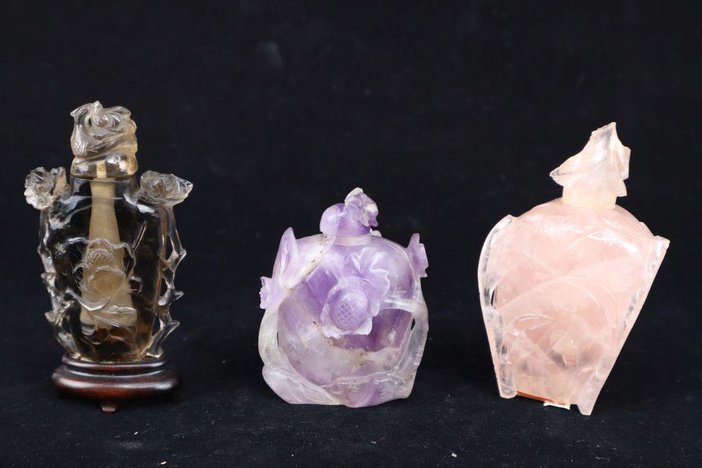 3 Carved Natural Stone Chinese Snuff Bottles, All Have Some Loss, All Tested As Stone, Smokey (1 of 4)