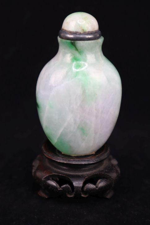 Carved Natural Stone Chinese Snuff Bottle, Green And White Cylindrical Bottle, 3.25", Tested As (1 of 8)