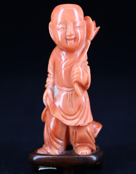 Carved Natural Coral Chinese Snuff Bottle, 3", Fleabites To Flower Petal And Robe In Rear, Glued To (1 of 12)