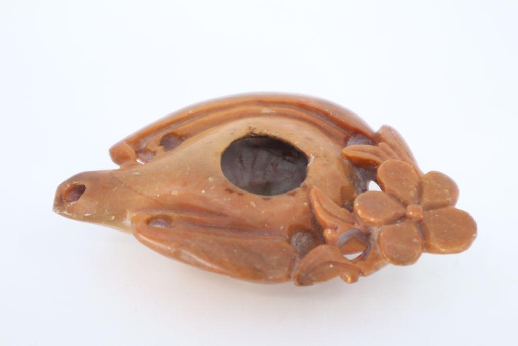 Carved Chinese Soapstone Water Dropper, 3.5"H, Brown, Floral Pattern, Loss To The Spout (1 of 5)
