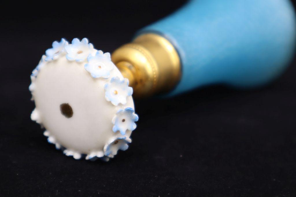 Blue Glass And Brass Perfume Bottle, 4.5"H, Top Is Lined With Porcelain Flowers, Flowers Have Some (1 of 6)