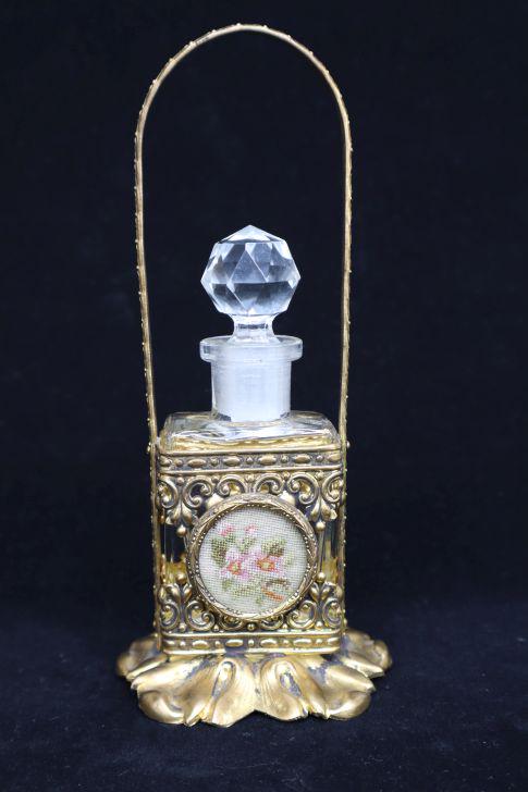 Brass Perfume Caddy With Petit Point Design, Crystal Bottle And Stopper, 6.125" (1 of 8)