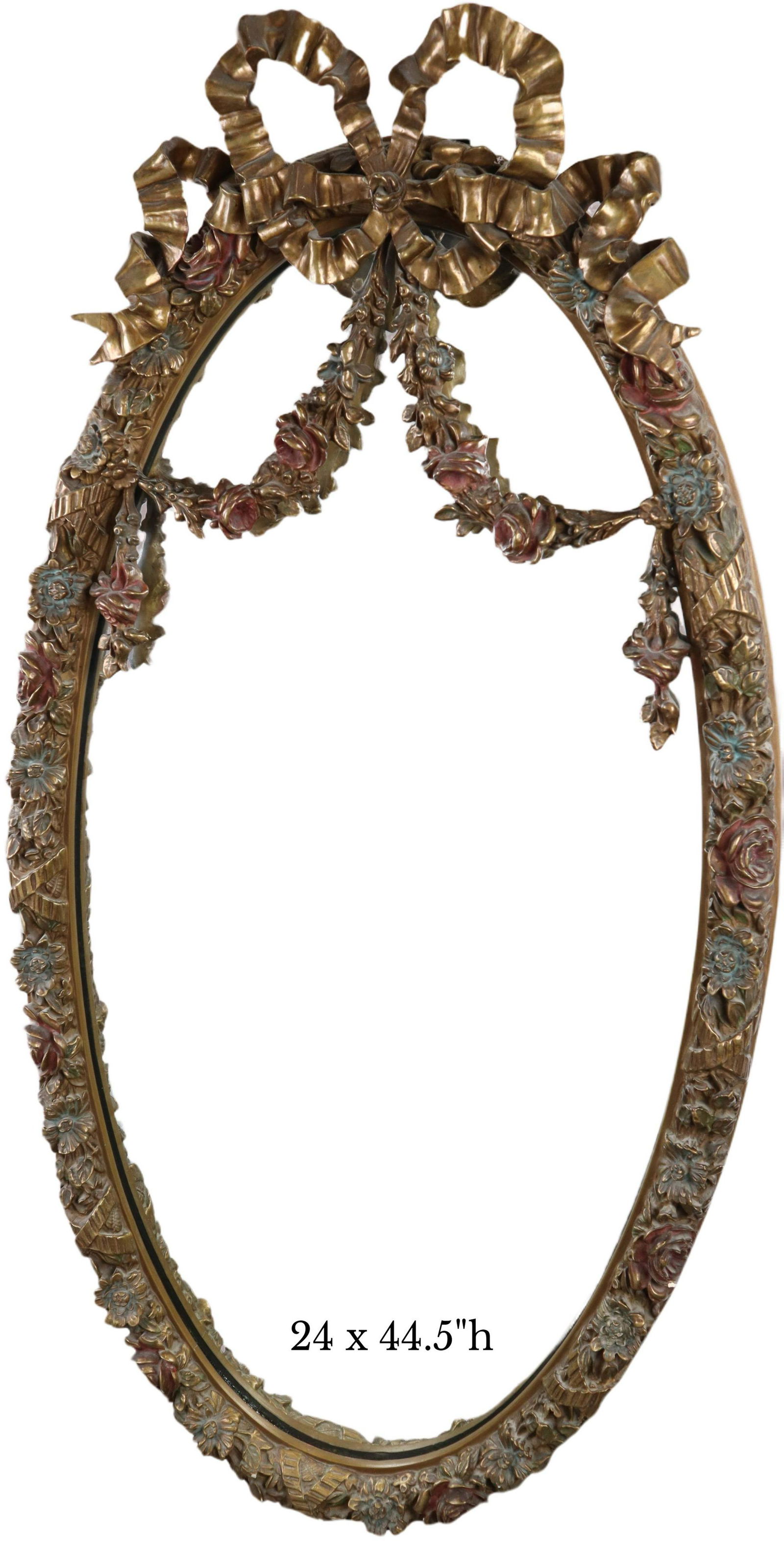 Large Vintage Oval Mirror, Floral Frame, Gold Gilt Bow Tie Top, 24X44.5"H (1 of 17)