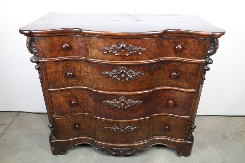 Antique 4 Drawer Wooden Dresser, Serpentine Front, Carved Leaf Details, Hand Cut Dovetails, (1 of 20)