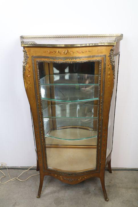 French Gilt Wood Curio Cabinet, Hand Painted Flowers, Curved Glass Sides, 29X14-5/8D X 51"H (1 of 20)