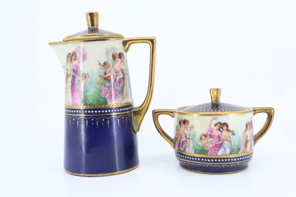 Royal Vienna Porcelain Painted Creamer Pitcher 6-1/8" And Sugar Bowl 3", Blue And Gold Accents, (1 of 12)