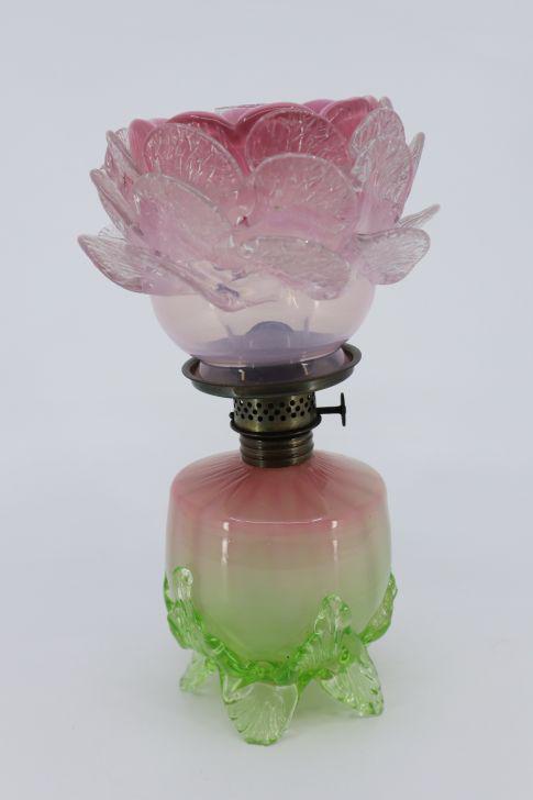Pink, White And Green Miniature Oil Lamp, 8.5"H, Shade; One Petal Is Lost, Another Petal Has: Pink, White And Green Miniature Oil Lamp, 8.5"H, Shade; One Petal Is Lost, Another Petal Has Fleabite, Base Is Missing Part Of One Green Leaf Estimate $10-100