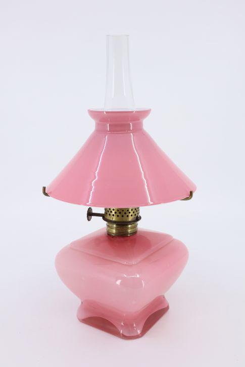 Miniature Pink Opaline Glass Lamp, Square Bottom Round Shade, With Hurricane, 9"H With Hurricane: Miniature Pink Opaline Glass Lamp, Square Bottom Round Shade, With Hurricane, 9"H With Hurricane Estimate $10-100