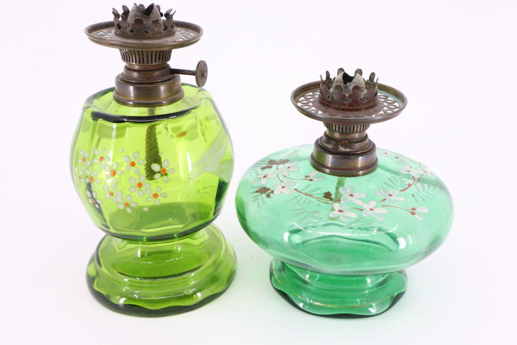 Pair Of Miniature Green Glass Oil Lamps, Hand Painted Flowers, 4.25" And 5.5"H, One Marked: Pair Of Miniature Green Glass Oil Lamps, Hand Painted Flowers, 4.25" And 5.5"H, One Marked Spar-Brenner Estimate $10-100