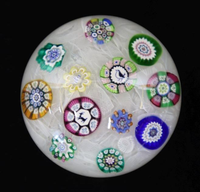 Perthshire Paperweight 1975, Spaced Millefiori And Silhouettes Of Goat And Bird, P 1975 2-5/8X1-7/8" (1 of 8)