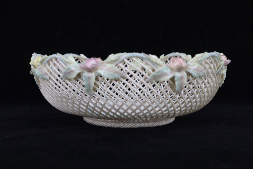 Belleek Painted Porcelain Woven Lace Basket, Rose And Leaf, Fermanagh, Ireland, 7X2.5"H (1 of 6)