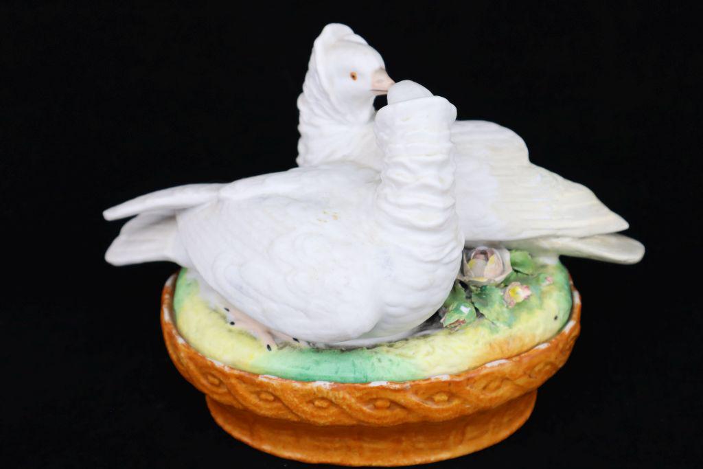 Antique Porcelain Doves Sitting On Basket, 8X5"H, Some Loss To Flowers And Leaves, Some Loss To: Antique Porcelain Doves Sitting On Basket, 8X5"H, Some Loss To Flowers And Leaves, Some Loss To Basket Base Estimate $10-100