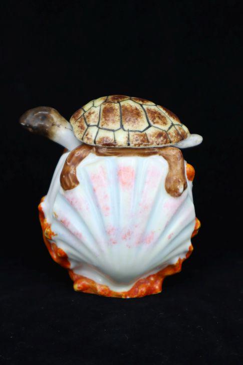 Antique Porcelain Salt Cellar, Turtle On Shell, 3.5"H, Handle Is Lost, Spoon Is Taped, Other Color: Antique Porcelain Salt Cellar, Turtle On Shell, 3.5"H, Handle Is Lost, Spoon Is Taped, Other Color Loss Estimate $10-100
