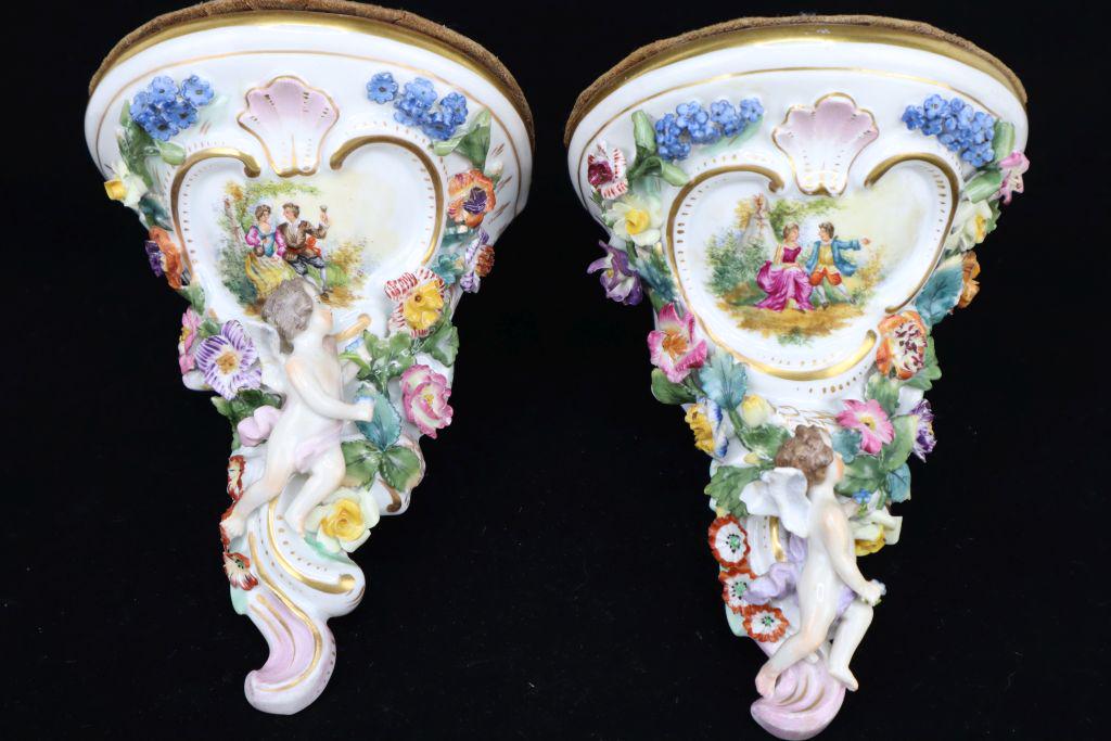 Pair Of Antique Dresden Painted Porcelain Consoles, Wall Shelves, Marked "Ps Dresden" (1 of 12)