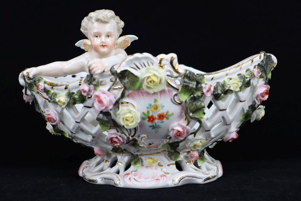 Antique Sitzendorf German Porcelain Cherub Pierced Vase, Marked And Stamped "295", 9X5.75"H (1 of 8)