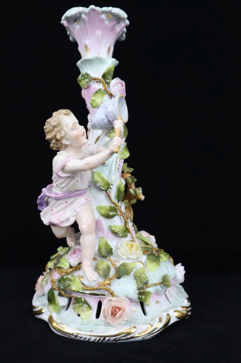 Meissen Porcelain Candlestick Child With Butterfly Net, Loss Denoted In Images, 10"H, Marked Cross (1 of 13)