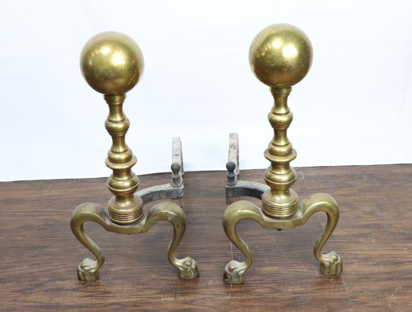 Pair Of Solid Brass Andirons, With Paw Feet, Cast Iron Log Rails, 15"H (1 of 6)