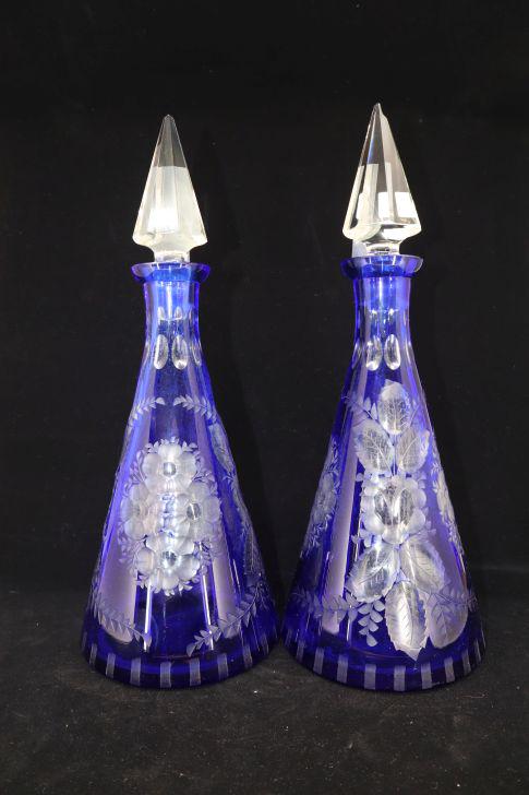 Mid-Century Mid Century Large Royal Blue Crystal Cut To Clear Decanters, Pair, Floral Pattern, 13"H (1 of 13)