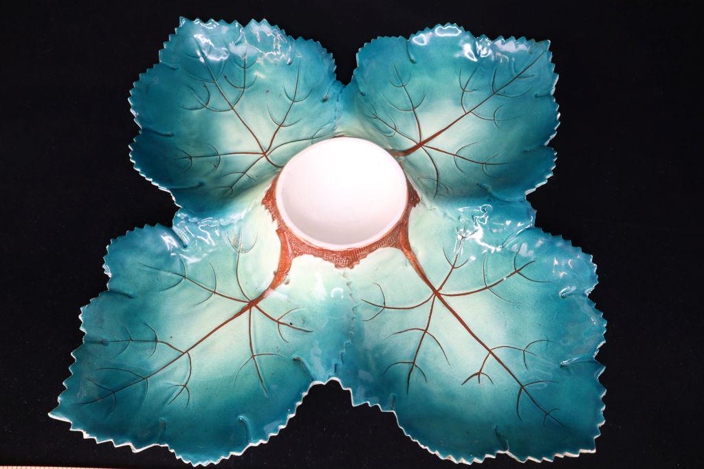 Large Antique Italian Pottery Leaf Platter, Sawtooth Edge 14"W, General Wear And Small Fleck Of (1 of 10)