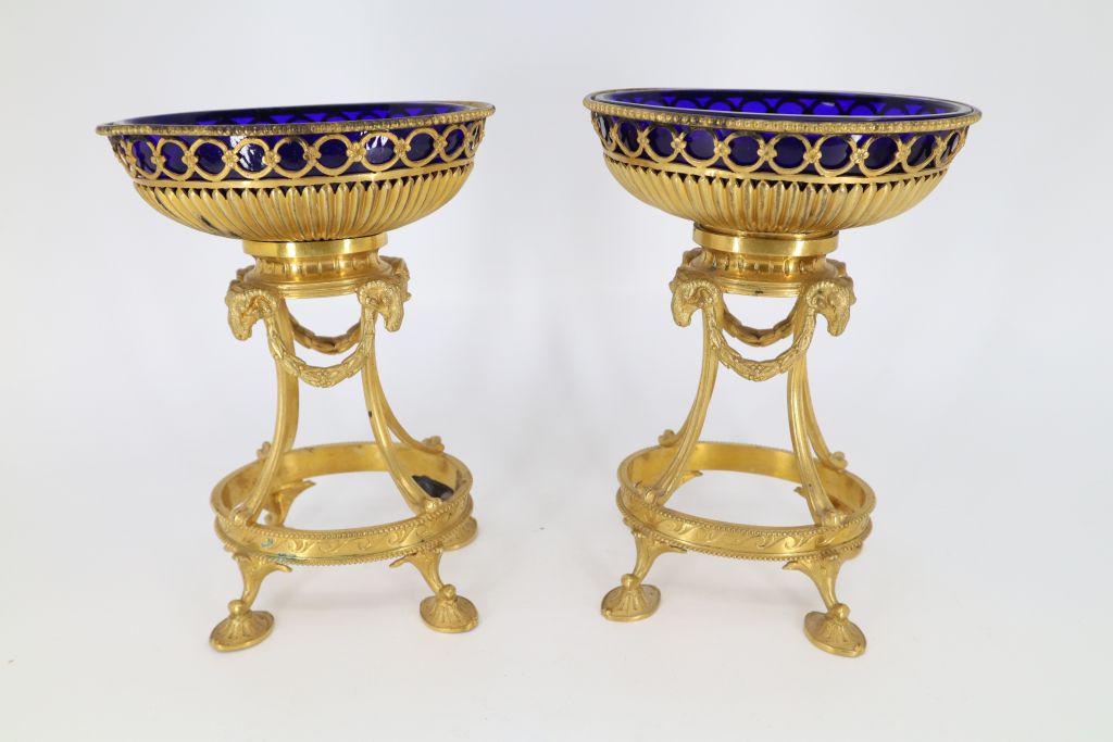 Pair Of Antique Ormolu Compotes With Cobalt Blue Glass Bowls, 6 1/2"H (1 of 8)