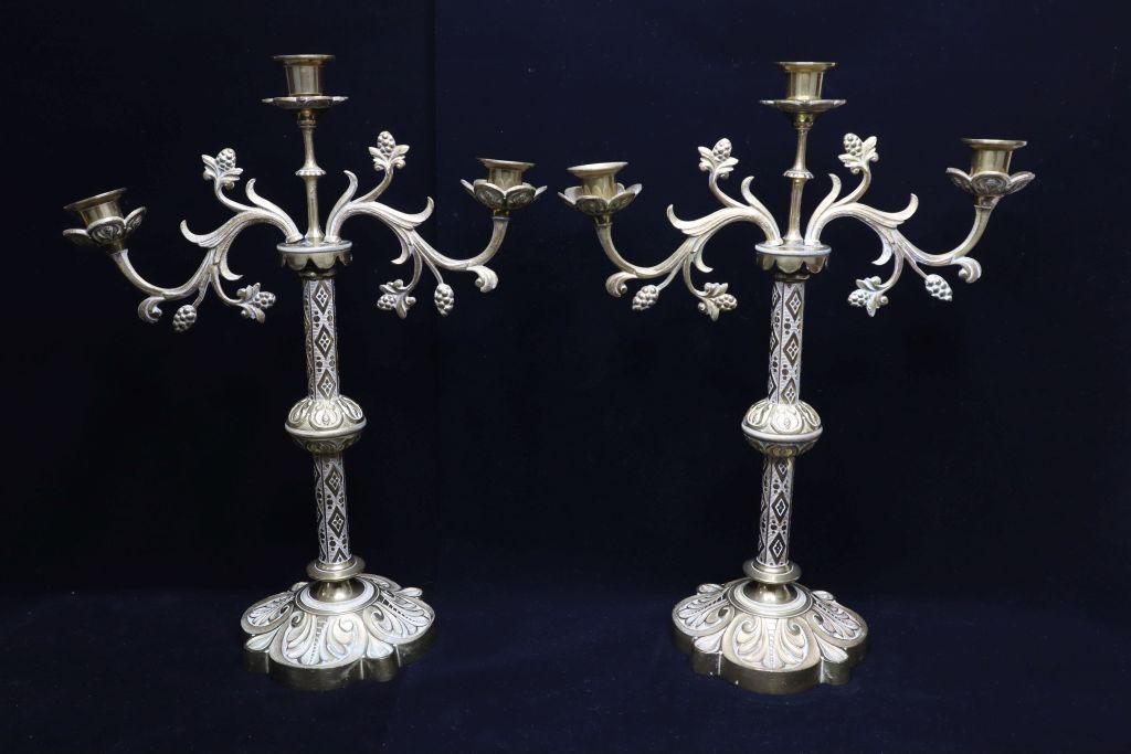 Brass Candelabras, Triple Candlestick, Pair 16"H, One Has Loose Arm (1 of 8)