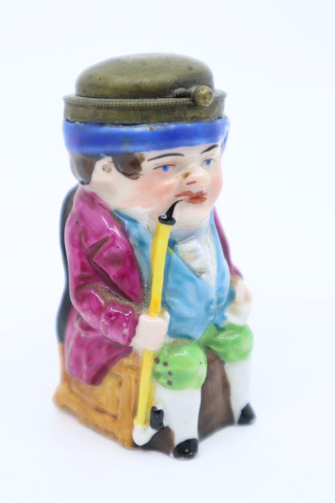 Antique Porcelain Snuff Box, Man With Long Pipe, Hinged Metal Lid, Interior Crack, 3"H (1 of 8)