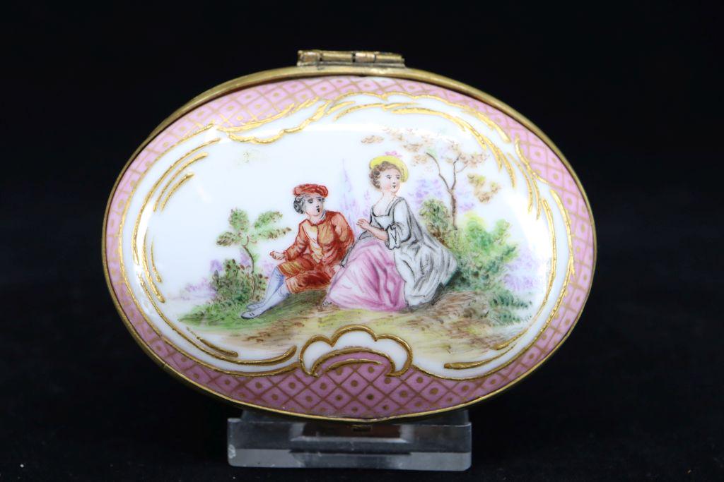 Enamel Painted Porcelain Snuff Box, Faded Mark "Crossed Swords" 3.25", Seated Couple, Painted Inside: Enamel Painted Porcelain Snuff Box, Faded Mark "Crossed Swords" 3.25", Seated Couple, Painted Inside Estimate $10-100