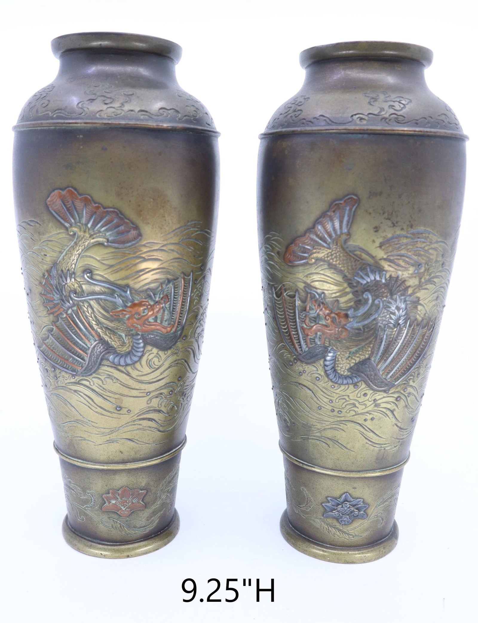 PAIR OF MEIJI PERIOD JAPANESE BRONZE MIXED METAL MIZUCHI VASES, WITH COPPER AND SILVER: Pair Of Meiji Period Japanese Bronze + Mixed Metal Mizuchi Vases, A Fine Quality Pair Of Meiji Period(1868-1912) Bronze And Mixed Metals; Copper And Silver, Depicting Mizuchi (Dragon-Serpent) Creature