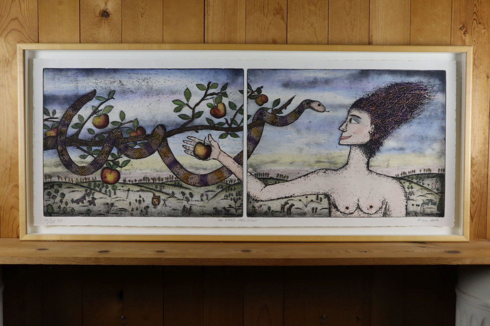 BRUCE BOTTS, ORIGINAL COLORED ETCHING TITLED "AN EASY DECISION" 14/35 E.V.,: Bruce Botts, Original Colored Etching Titled "An Easy Decision" 14/35 E.V., Illustration Of Eve Picking An Apple From The Apple Tree, With A Serpent In The Tree Above And Adam At Home In The Backgroun
